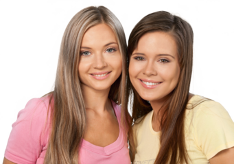 Young cute women hugging on white background
