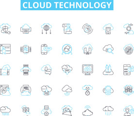 Cloud technology linear icons set. Scalability, Virtualization, Automation, Efficiency, Security, Flexibility, Cloud-native line vector and concept signs. Elasticity,Resilience,Interoperability