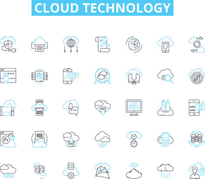 Cloud technology linear icons set. Scalability, Virtualization, Automation, Efficiency, Security, Flexibility, Cloud-native line vector and concept signs. Elasticity,Resilience,Interoperability