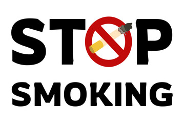 Stop smoking poster with crossed out cigarette and bold typography. Horizontal banner, flyer template with prohibiting sign. Vector illustration isolated on white backdrop