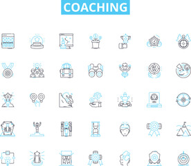 Coaching linear icons set. Mentorship, Guidance, Empowerment, Support, Development, Encouragement, Motivation line vector and concept signs. Accountability,Leadership,Improvement outline illustrations