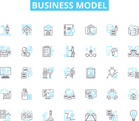 Business model linear icons set. Innovation, Disruption, Revenue, Scalability, Sustainability, Efficiency, Customer line vector and concept signs. Strategy,Differentiation,Flexibility outline