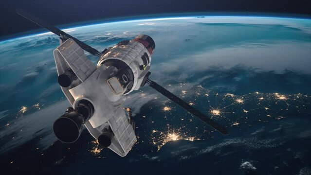  Space station in Earth orbit. ISS. NASA. Space conquest. A view of the Earth and a spaceship. 3d animation
