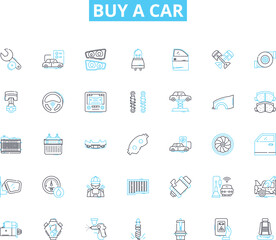 Buy a car linear icons set. Purchase, Vehicle, Auto, Automobile, Transport, Drive, Investment line vector and concept signs. Status,Upgrade,Budget outline illustrations
