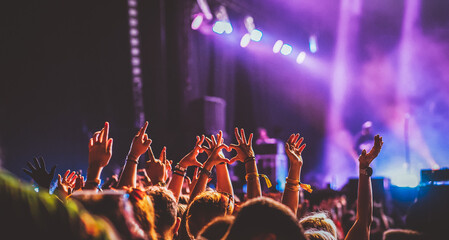 Naklejka na ściany i meble crowd partying stage lights live concert summer music festival