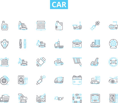 Car linear icons set. Engine, Steering, Transmission, Fuel, Suspension, Brakes, Acceleration line vector and concept signs. Cruise,Power,Torque outline illustrations