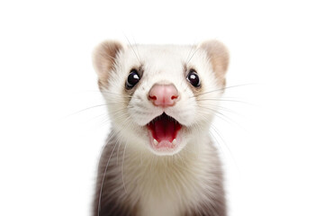 Fototapeta na wymiar Close-up Funny Portrait of Surprised Ferret with Huge Eyes. AI generative. Isolated on White Background.