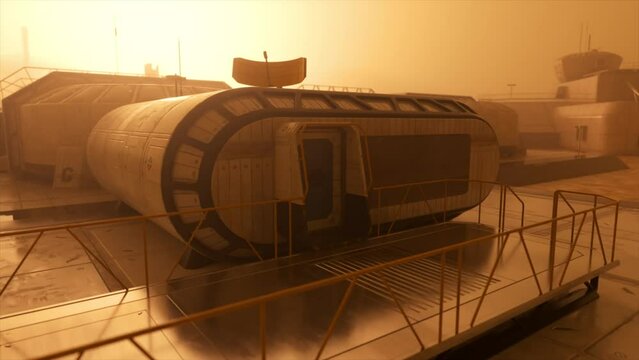 Research base on Mars. Space colonization. Satellite dishes for communication. Science fiction. 3d animation.