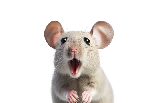 Close-up Funny Portrait of Surprised Mouse with Huge Eyes. AI generative. Isolated on White Background.