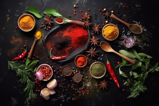A variety of colorful herbs and spices for cooking arranged on a dark background. Image generated by AI