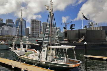 Traditional pearl shelling lugger on display outside the Australian National Maritime Museum....