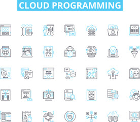 Cloud programming linear icons set. Virtualization, Elasticity, DevOps, Deployment, Microservices, Hybrid, Resiliency line vector and concept signs. Scalability,Security,Platform outline illustrations