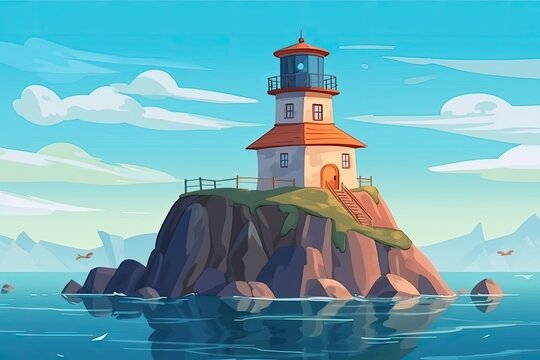 solitary lighthouse standing on a rocky island surrounded by the sea. Generative AI