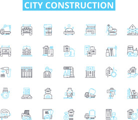 City construction linear icons set. Structures, Buildings, Planning, Design, Development, Infrastructure, Urbanization line vector and concept signs. Architecture,Materials,Skyscrapers outline