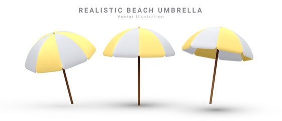3d render realistic vector set of sun shade parasols, umbrellas in white and yellow  colour. Isolated icon on white background. © Kateryna
