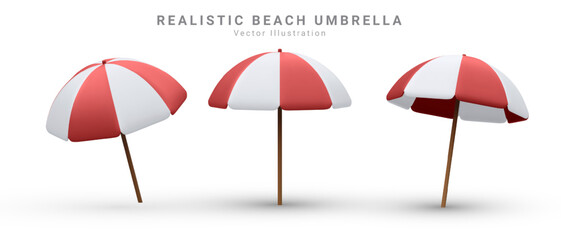 3d render realistic vector set of sun shade parasols, umbrellas in red, white. Isolated icon on white background.