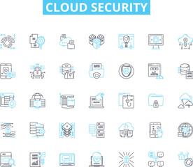 Cloud security linear icons set. Encryption, Compliance, Authentication, Cybersecurity, Firewall, Vulnerability, Audit line vector and concept signs. Access,Encryption keys,IDS/IPS outline