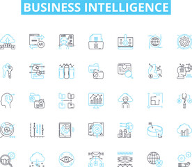 Business intelligence linear icons set. Analytics, Data, Insights, Performance, Dashboards, Reporting, Visualization line vector and concept signs. Metrics,Strategy,Decision-making outline