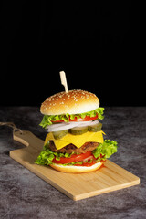 Fresh tasty burger on dark background. Copy space for text