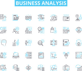 Business analysis linear icons set. Metrics, Strategy, Data, Goals, Planning, Requirements, Operations line vector and concept signs. Optimization,Risks,Solutions outline illustrations