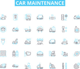 Car maintenance linear icons set. Oil change, Brake pads, Alignment, Battery, Radiator, Transmission, Spark plugs line vector and concept signs. Tire rotation,Coolant,Filters outline illustrations
