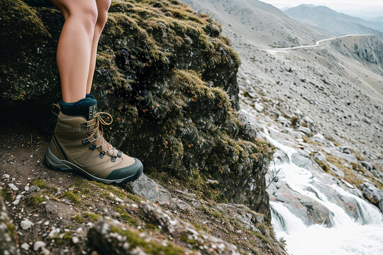 A close-up of a hiker's trekking shoes crossing a mountainous area near a waterfall. Generative AI.