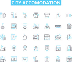 City accomodation linear icons set. Cosy, Centrality, Comfort, Ambiance, Convenience, Spacious, Accessibility line vector and concept signs. Luxury,Modern,Stylish outline illustrations