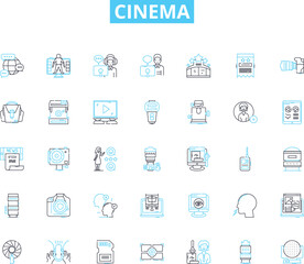 Cinema linear icons set. Film, Action, Drama, Comedy, Romance, Thriller, Horror line vector and concept signs. Adventure,Sci-fi,Fantasy outline illustrations