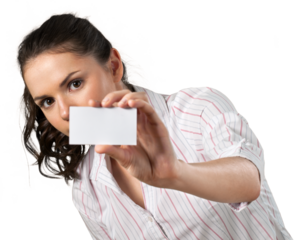Happy smiling young woman showing card, isolated on white background