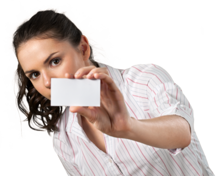 Happy smiling young  woman showing card, isolated on white background