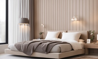 Modern, luxury beige bedroom with wooden bed, gray blanket and pillow, bedside table, black floor lamp in sunlight from window on brown stucco wall for interior design background (Generative AI)