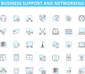 Naklejka na ściany i meble Business support and networking linear icons set. Collaboration, Connections, Support, Nerking, Resources, Growth, Expansion line vector and concept signs. Opportunities,Solutions,Advice outline