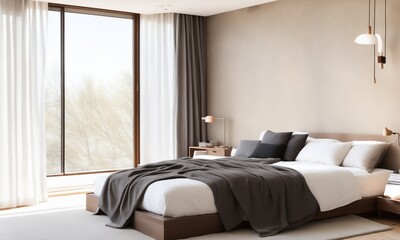 Modern, luxury beige bedroom with wooden bed, gray blanket and pillow, bedside table, black floor lamp in sunlight from window on brown stucco wall for interior design background (Generative AI) - obrazy, fototapety, plakaty