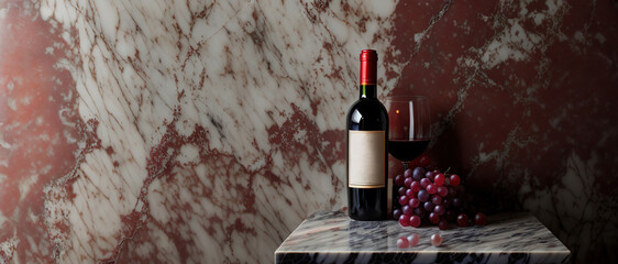 A bottle of wine and a glass with a branch of grapes on a marble tabletop, generative ai.