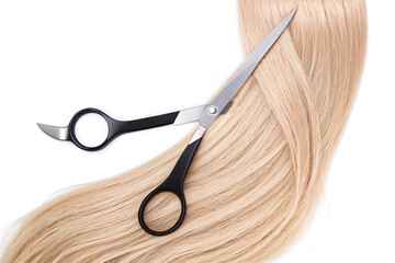 Hairdresser's scissors with strand of blonde hair, generative ai.