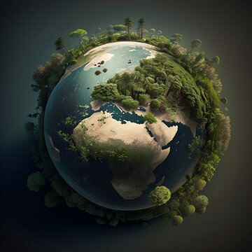 Generative AI. Planet earth covered with plants and trees, Earth day, Environment protection concept