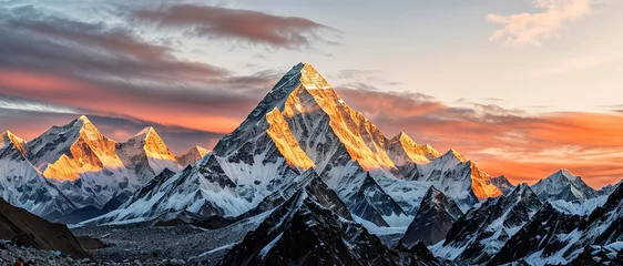 Fotobehang Mountain peak of the tibetan snow-capped mountains, a beautiful panorama of the mountains at sunset of the day, generative ai. © Budjak Studio