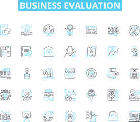 Business evaluation linear icons set. Analysis, Appraisal, Assessment, Evaluation, Benchmarking, Profitability, Return on Investment line vector and concept signs. Value,Succession,Performance outline