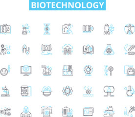 Obraz na płótnie Canvas Biotechnology linear icons set. Genetic, Microorganisms, Cloning, Genome, Nanotechnology, Vaccines, Probiotics line vector and concept signs. Antibiotics,Bioengineering,Transgenics outline