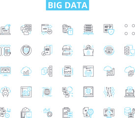 Big data linear icons set. Analytics, Insights, Volume, Velocity, Variety, Cloud, Machine line vector and concept signs. Learning,Predictive,Analysis outline illustrations