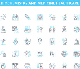 Biochemistry and medicine healthcare linear icons set. Enzymes, Proteins, Metabolism, Carbohydrates, Lipids, Genetics, Horms line vector and concept signs. Antibodies,Cells,Membranes outline