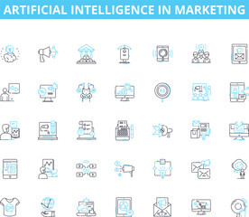 Artificial intelligence in marketing linear icons set. Automation, Optimization, Personalization, Segmentation, Targeting, Predictive, Analytics line vector and concept signs. Insights,Machine