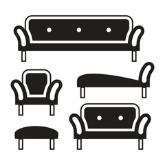 Sofa and armchair icon set, black isolated on white background, vector illustration.
