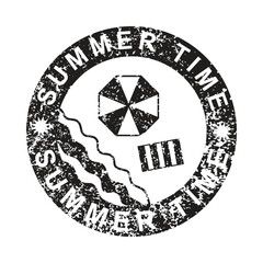 Summer time grunge postal stamp, top view beach with umbrella and sea, black isolated on white background, vector illustration.