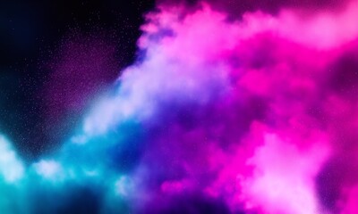 Glitter mist. Color vapor texture. Ink water mix. Fantasy sky. Neon pink blue shiny sparkling particles smoke floating on dark abstract art background with free space (Generative AI)