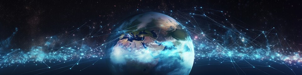 The World sitting in space illustrating telecommunication technology with connections around earth - generative ai