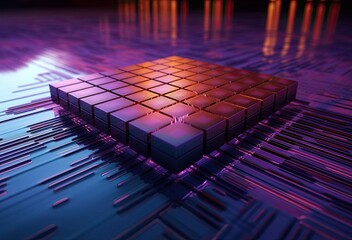 Obraz premium Digital Cube on Purple Background with Highly Polished Surfaces.Generative AI illustration