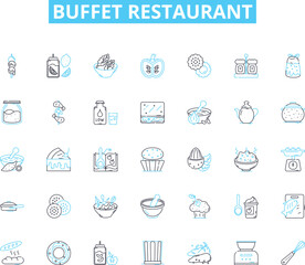 Buffet restaurant linear icons set. Feast, Variety, All-you-can-eat, Indulgence, Unlimited, Selection, Cuisine line vector and concept signs. Appetizing,Heaping,Piles outline illustrations