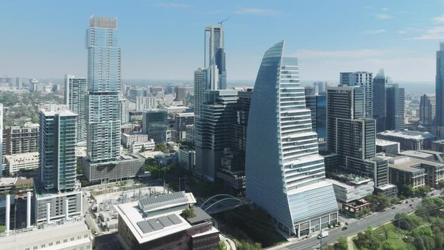 Contemporary urban cityscape view, drone b roll 4K footage. Cinematic glass concrete design business offices buildings in the center of the city. Modern downtown Austin architecture, summer aerial