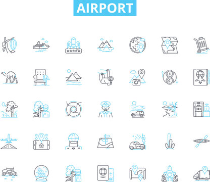 Airport linear icons set. Departure, Arrival, Security, Baggage, Terminal, Runway, Boarding line vector and concept signs. Gate,Customs,Immigration outline illustrations